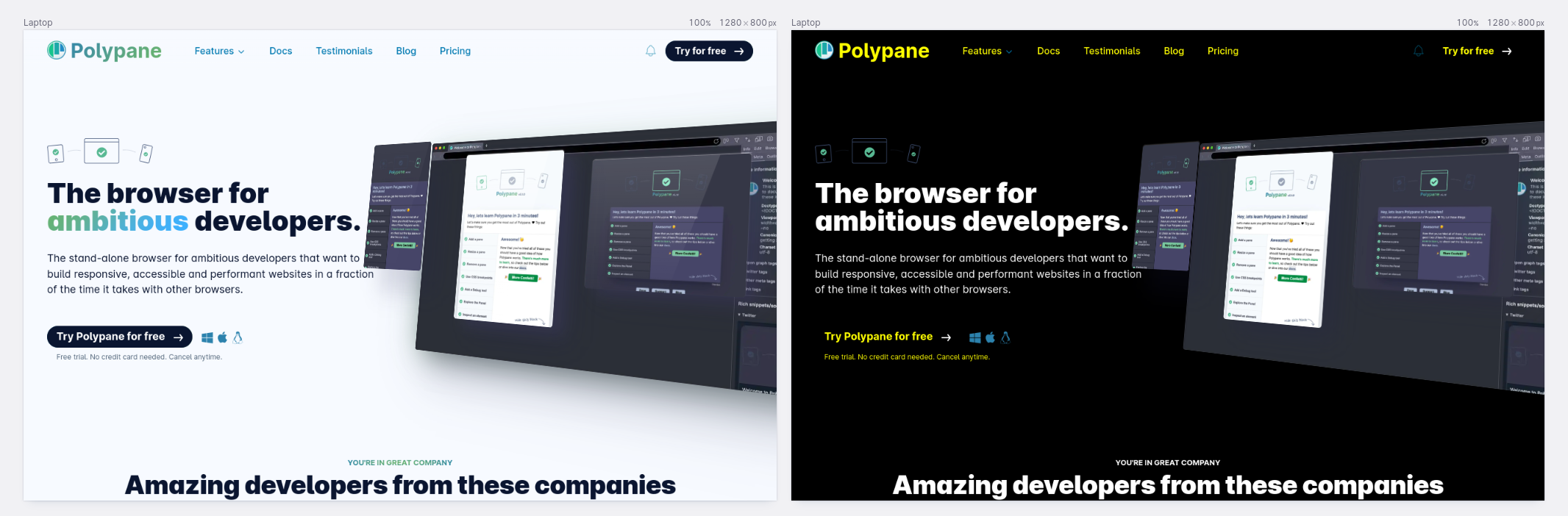 The Polypane homepage shown side-by-side, with the right side showing the site in dark forced color mode.