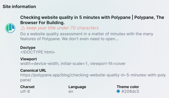 Meta overview of this page as shown in Polypane
