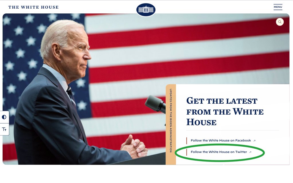 Screenshot of the whitehouse.gov website with the link to Twitter circled