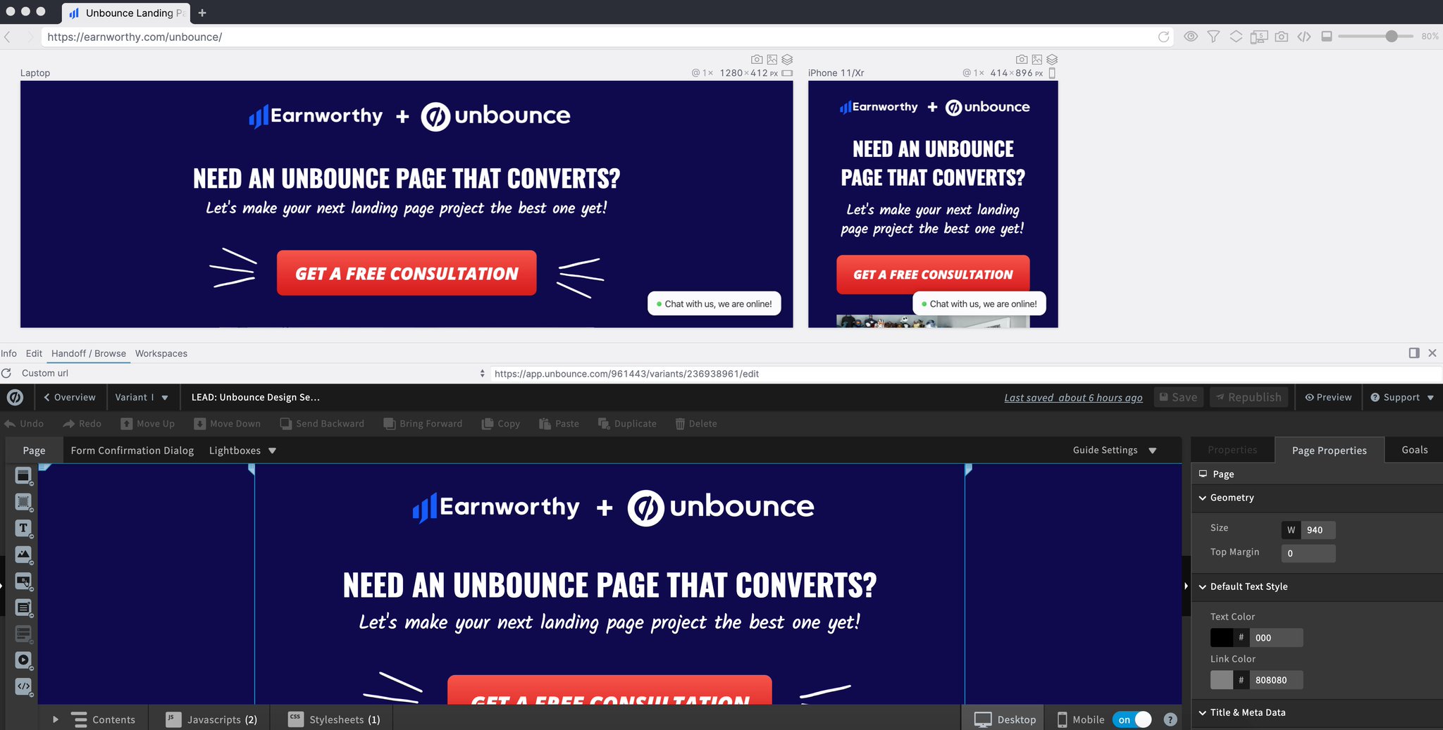 Polypane showing Earnworthy's Unbounce editor and preview