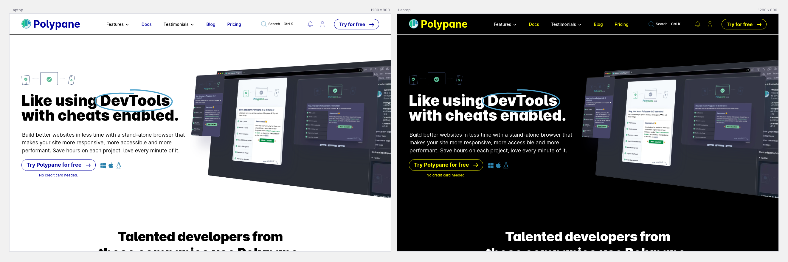 The polypane website in two panes, the left pane showing a light forced color theme and the right pane showing a dark forced color theme.