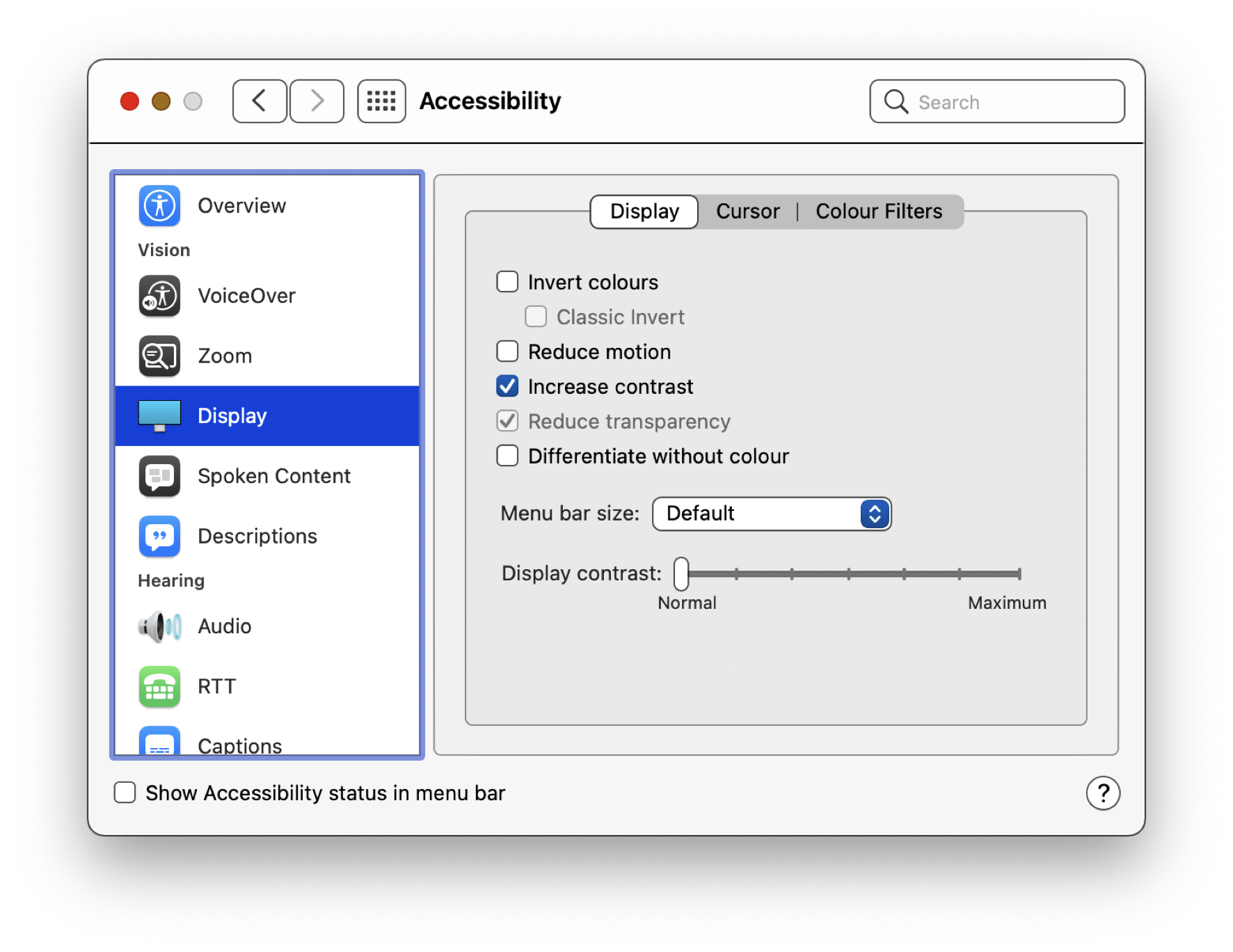 The macOS settings with increase contrast turned on