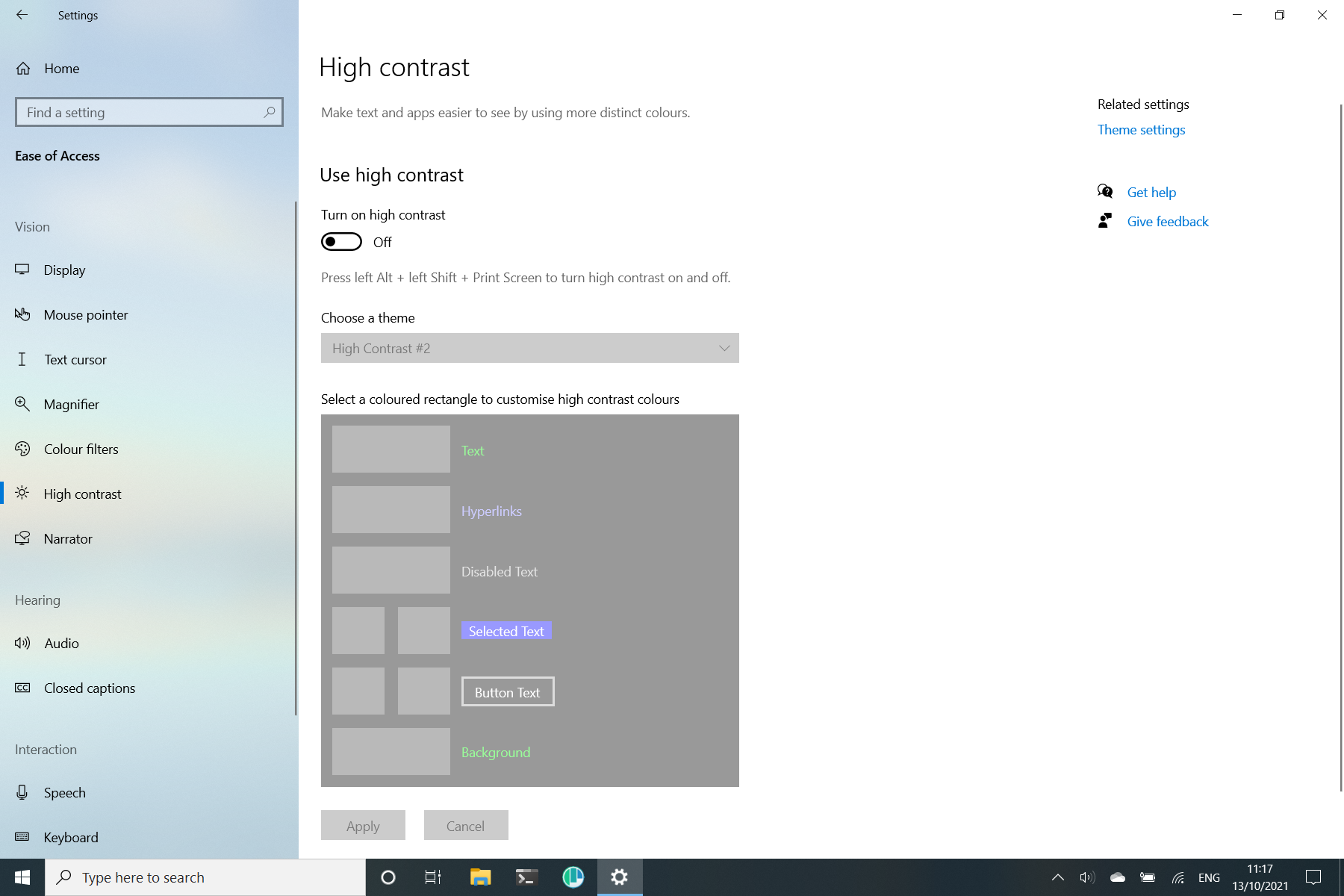 Windows 10 High Contrast settings
