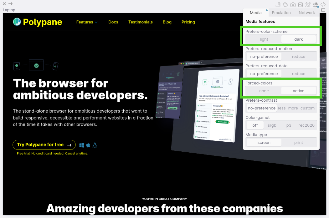The polypane website in a Pane with the media emulation settings open, with forced-colors and prefers-color-scheme both active and highlighted.