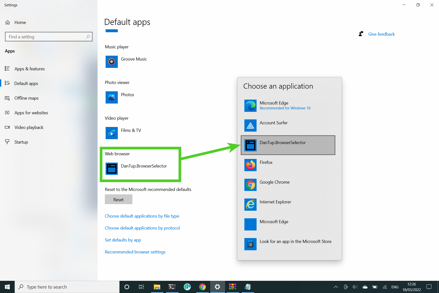 The windows default apps settings showing how to select BrowserSelector