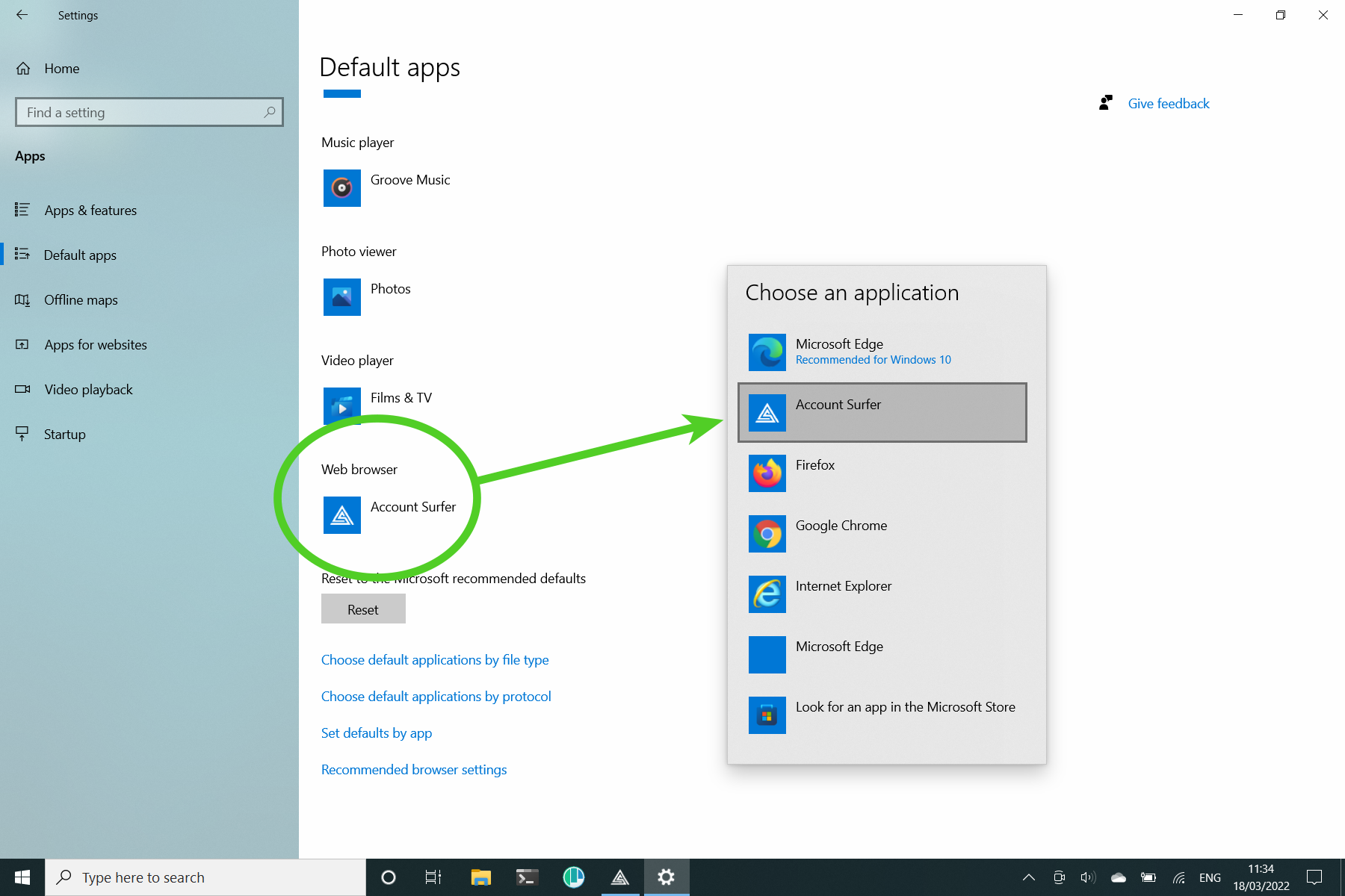 The windows default apps settings showing how to select Account Surfer