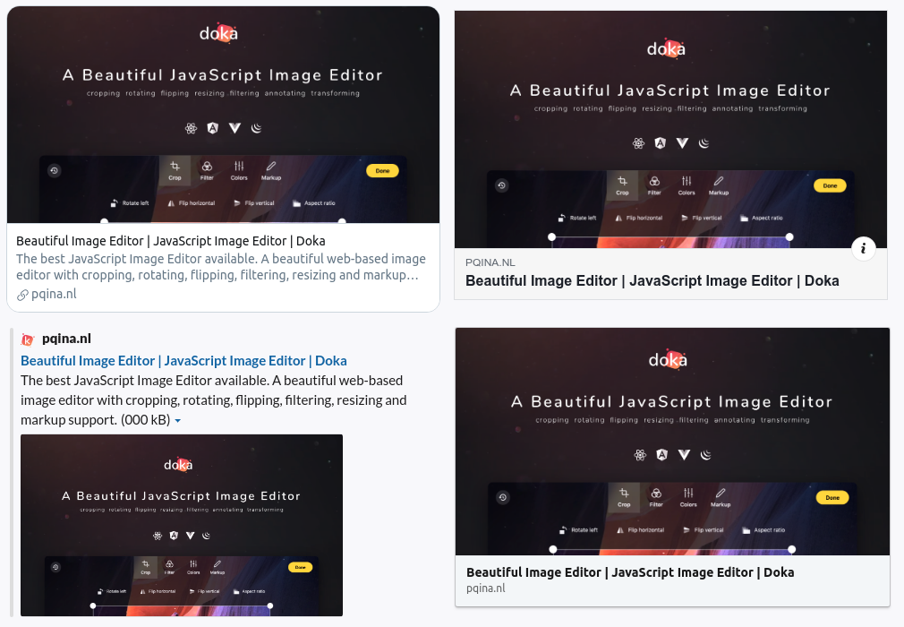 Social previews for Doka.js. Clockwise: Twitter, Facebook, Linkedin, Slack