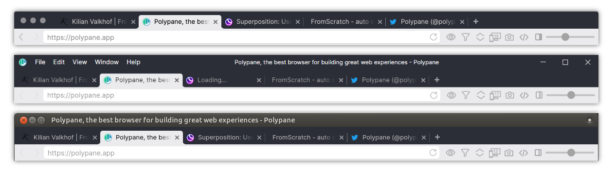 The Polypane tabs and header on all three platforms