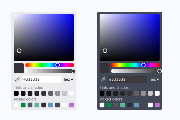 The new Color picker in light and dark mode side by side.
