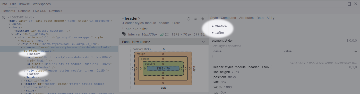 The Elements Panel with the ::before and ::after pseudo-elements highlighted in the tree view and the style tab.