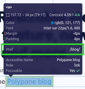 A Polypane Peek tooltip, with the 'href' info highlighted with a box around it.