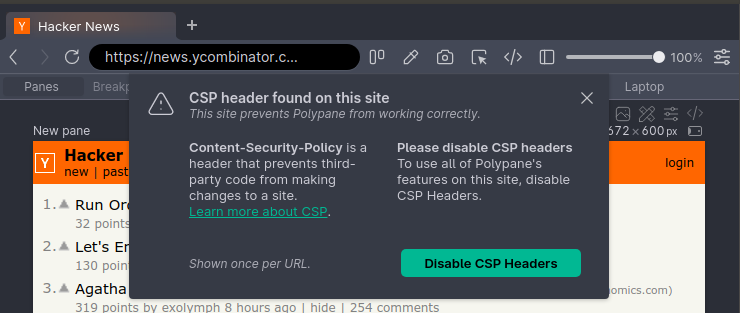 The CSP warning on news.ycombinator.com.
