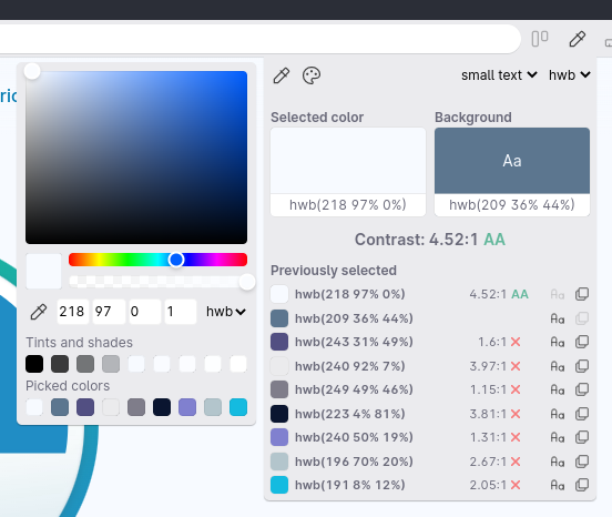 color picker and selector both with HWB notation.