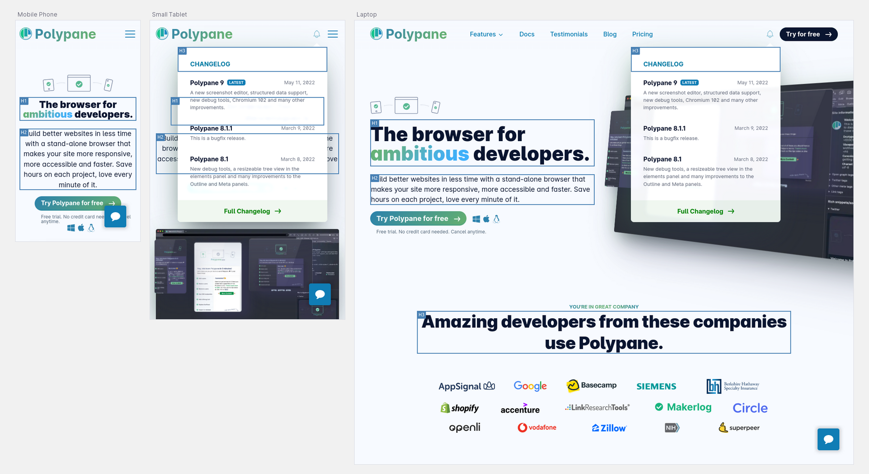 The headings on the Polypane homepage highlighted in three different panes