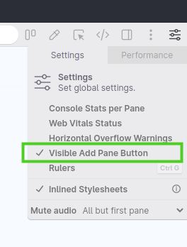Global settings showing the new 'Visible add pane button' option.