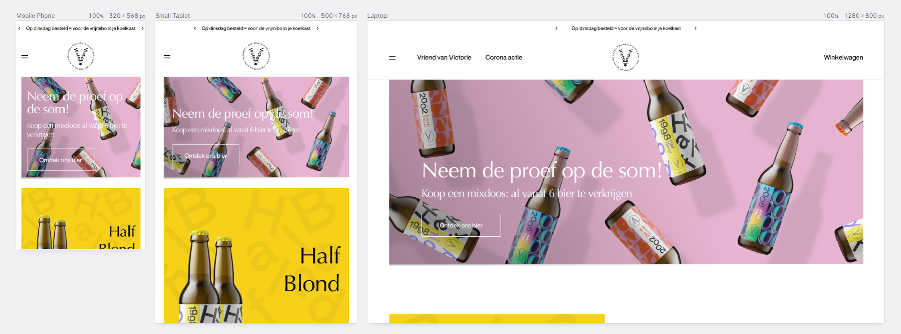 Brouwerij Victorie website at three different screen sizes