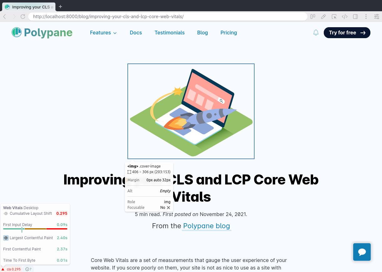 The Web Vitals tooltip with the visualization for largest contentful paint turned on, showing a border around the image at the top of this page.