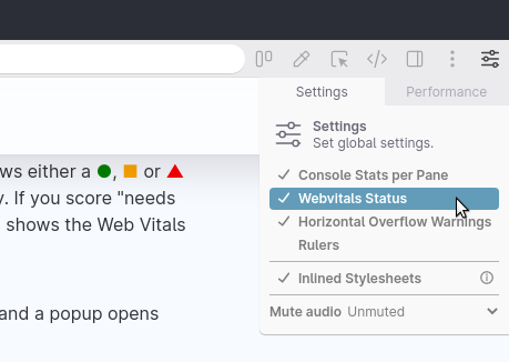 The settings panel with the `Web Vitals Status` option highlighted.