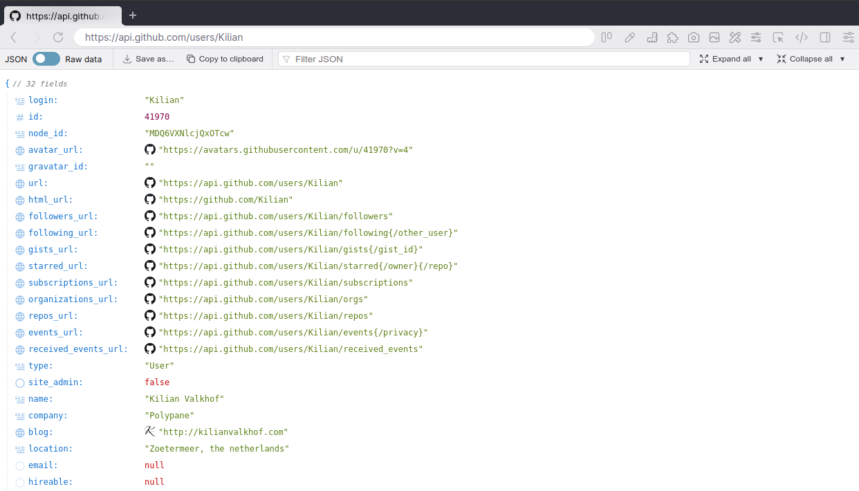 JSON viewer showing GitHub user details