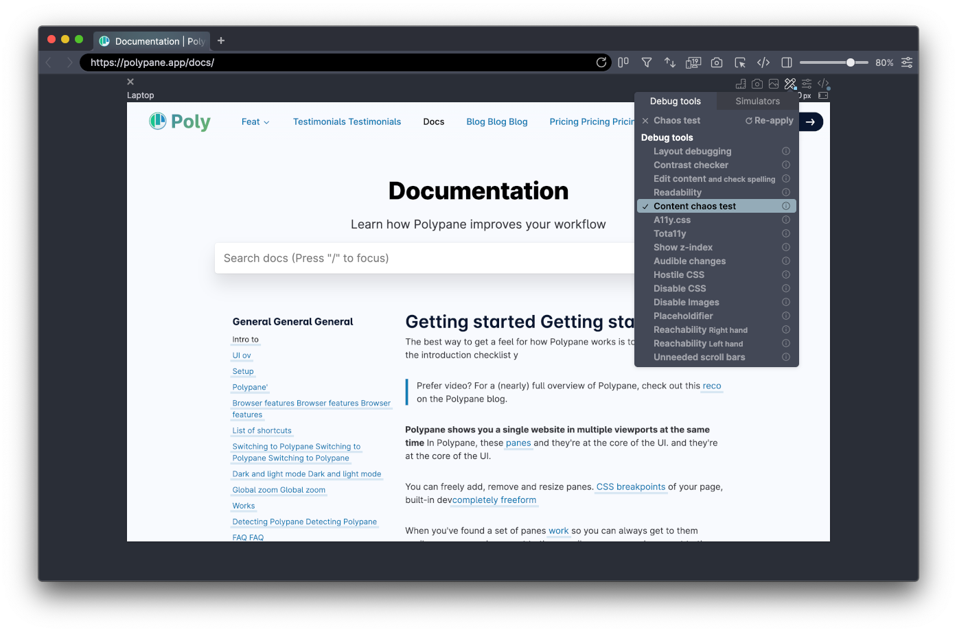 Polypane screenshot of the docs page with Content Chaos active