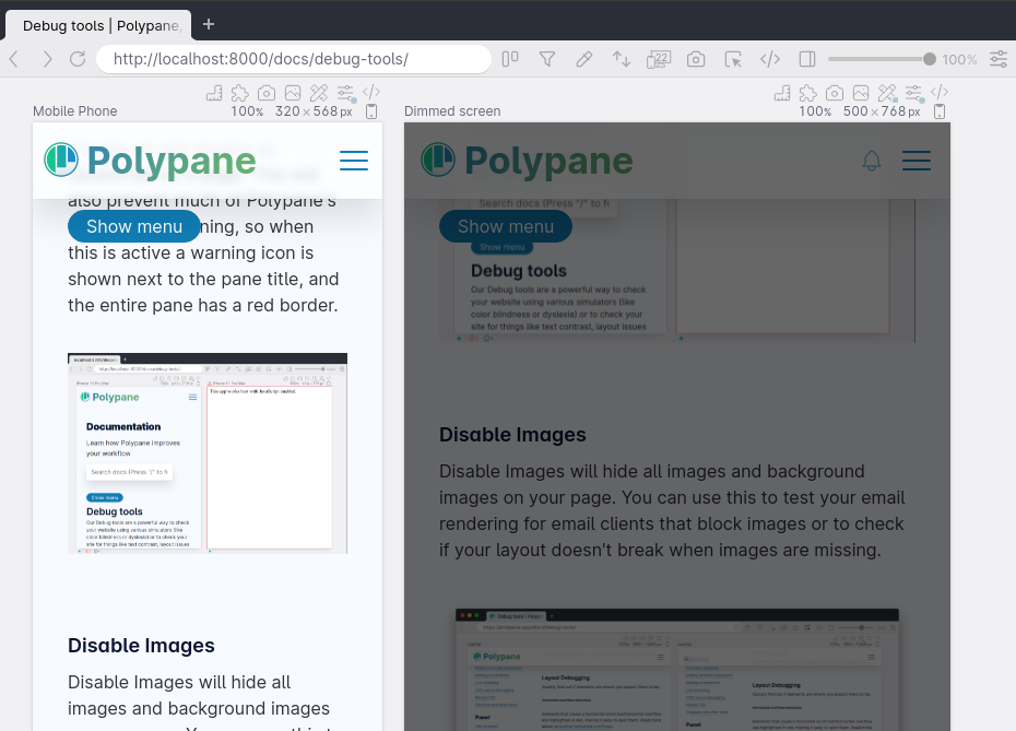 Three panes in Polypane, one of them is dimmed.