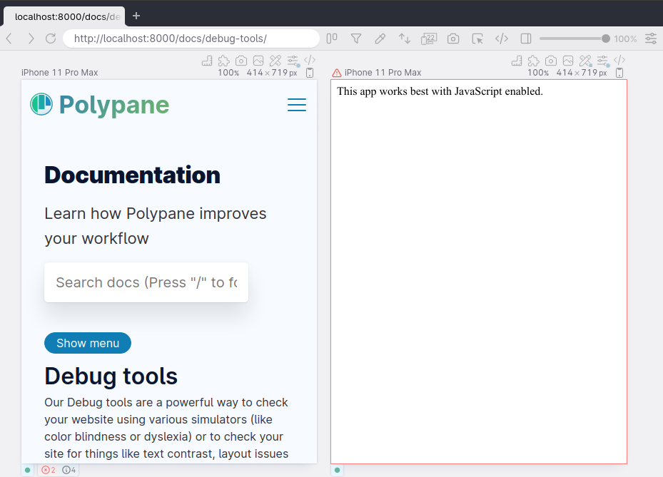 Two panes in Polypane, one of them with the Disable JS debug tool active.