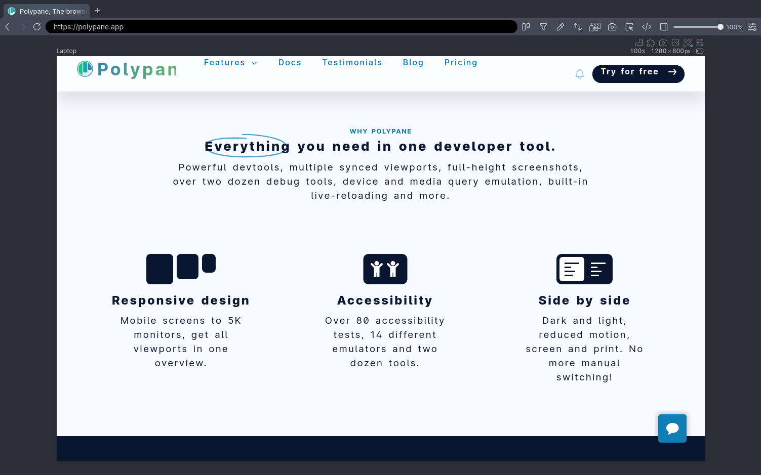The Polypane homepage with expanded text spacing. Some elements are no longer fully readable.
