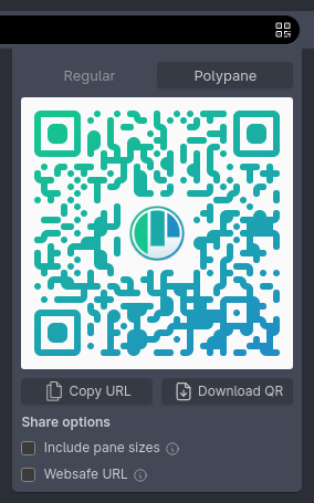 The Polypane Share popup is open and showing a QR code.