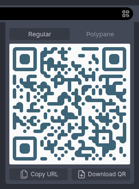 The Share popup is open and showing a QR code.