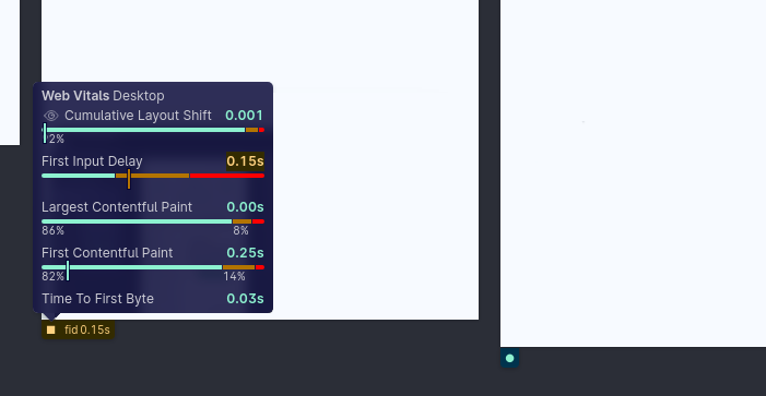 The Web Vitals tooltip showing the different scores. First input delay is orange, because it scored 'needs improvement'.