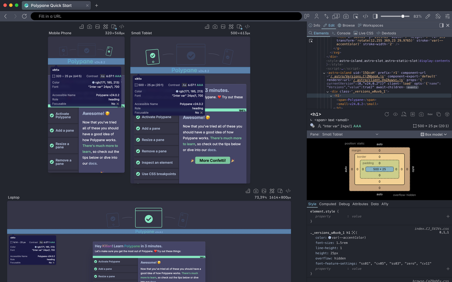 Polypane showing three panes, with a sidebar containing the element inspector. The H1 element that's selected is highlighted in all panes. The sidebar shows the CSS properties and box model of the selected element.