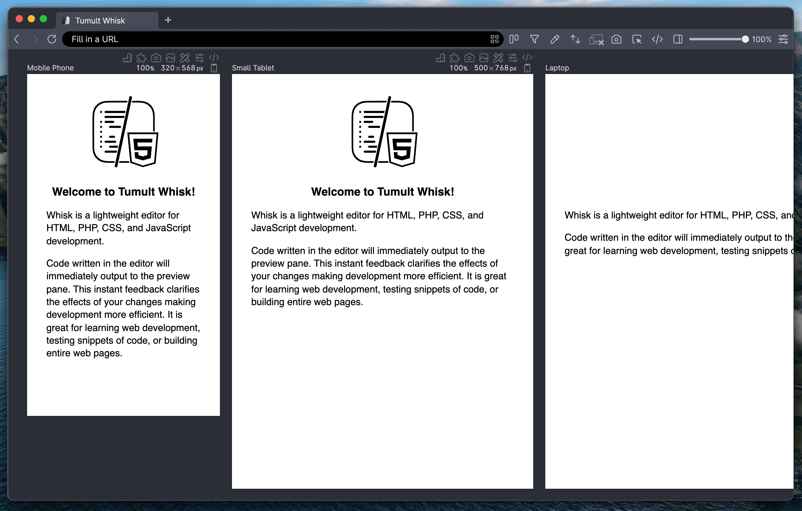 Polypane showing the panes imported from Whisk