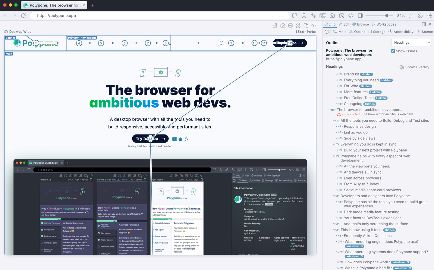 Polypane showing a single site with its landmarks highlighted as well as a focus trail rendered across the page. An opened sidebar shows the heading structure of the page.