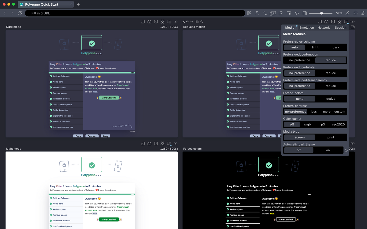 Polypane showing the same site in light mode, dark mode, forced color mode and reduced motion. The emulation settings are open showing additional options.