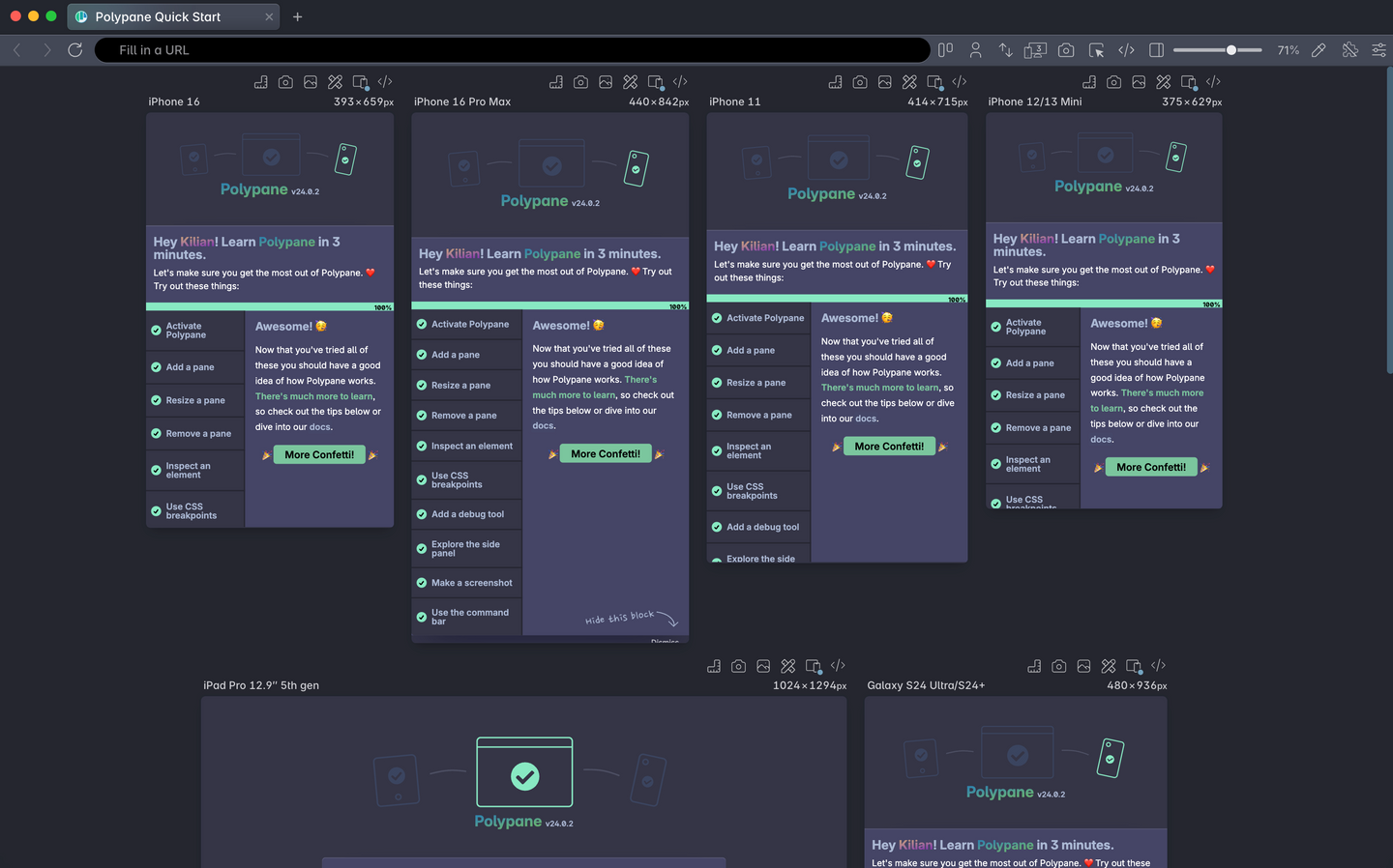 Polypane showing six different panes in one overview, emulating different devices and viewports