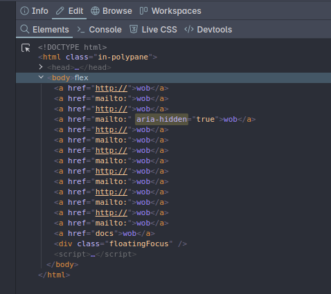 A list of links in the Elements Panel DOM tree. One has an 'aria-hidden' attribute that is visually highlighted.