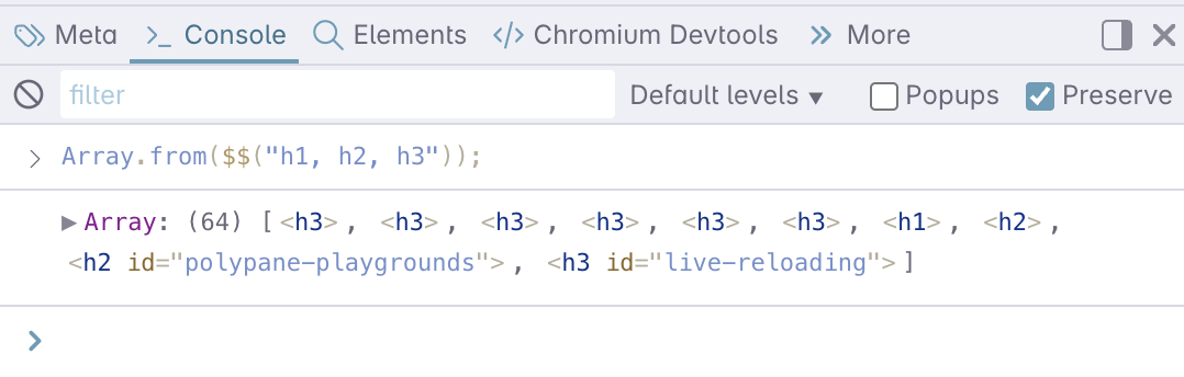 HTML references in the console panel