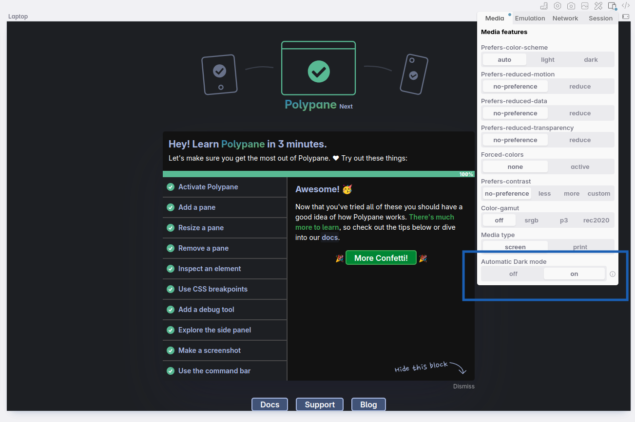 The Polypane quick start in auto dark mode. The emulation popup is opened and automatic dark mode is highlighted