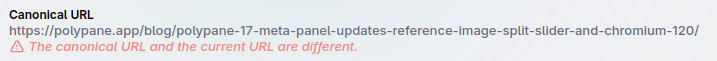 A warning message that the current URL and canonical URL differ.