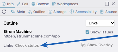 a check status button next to the 'link' heading in the outline panel
