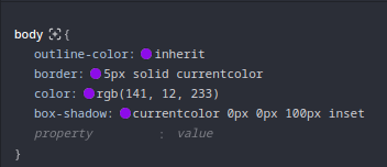 different css properties using inherit and currentcolor all showing a color swatch preview