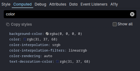 Computed styles filtered down to things that just say color