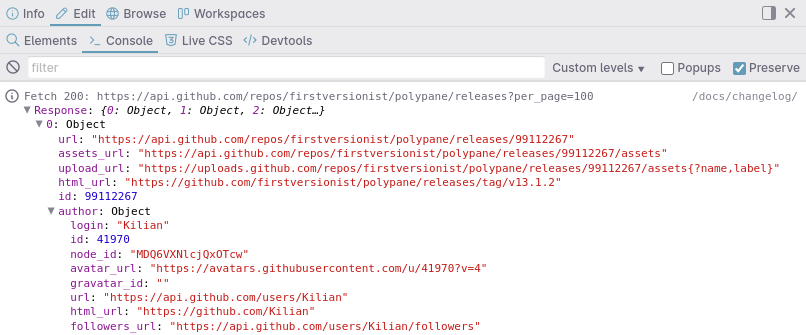 The console showing the JSON for the Polypane Changelog