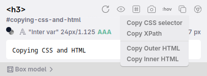 an opened menu showing a number of copy options, including outer HTML and inner HTML.