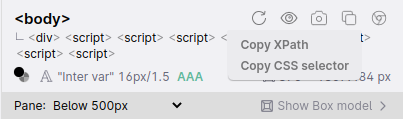 a menu showing the option to copy the CSS selector or XPath for an element to the clipboard.