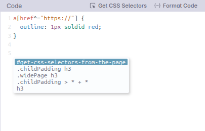 CSS Selector Suggestions in the code editor