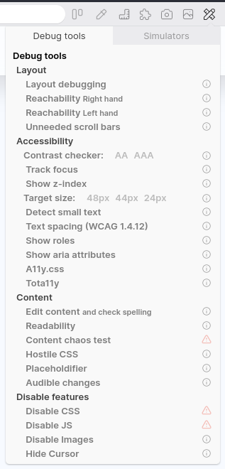 A list of debug tools split into categories.