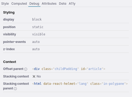 The debug tab in the Elements panel