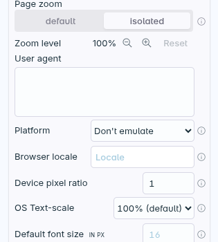 The page zoom, text scale and default font size settings in the Polypane emulation panel