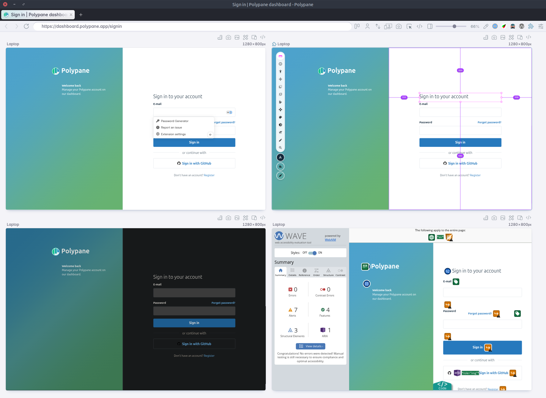 Four panes with 1password, VisBug, Dark Reader and WAVE extensions active